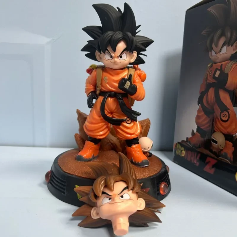 

New Dragon Ball Standing Travel Goku Q Version Goku Figure with Base Double Head Carving Ornament For Children's Gifts