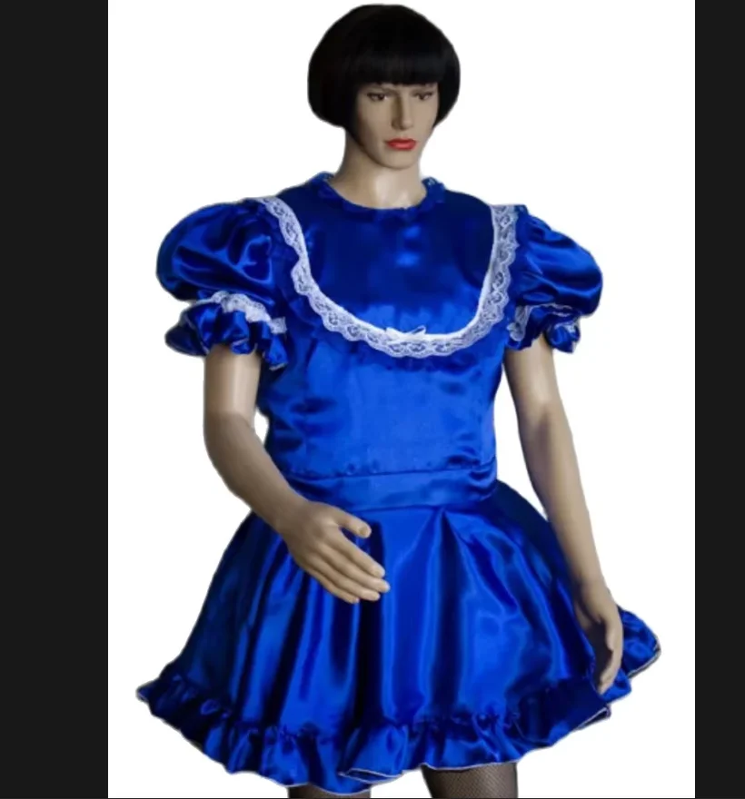 

Sissy New Hot Selling Adult Blue Satin Bubble Sleeve Maid Costume Customization