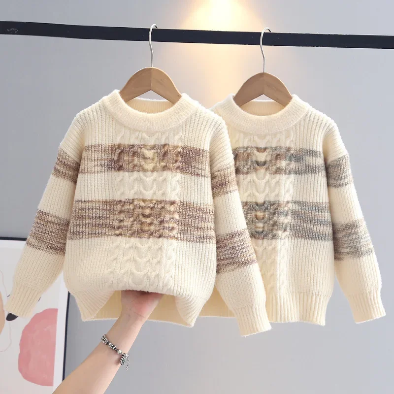 

Свитер для мальчиков, пуловеры, осень-зима 2022, новинка, лоскутная мягкая трикотажная одежда с круглым вырезом, детский повседневный джемпер, одежда