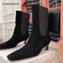 New Style Square Toe Kitten Heel Short Boots Women Genuine Leather Splicing Stretch Chelsea Boots Fashion Solid All Match Botas