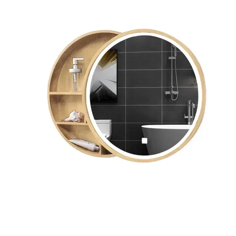 

Push-pull bathroom mirror cabinet with lamp solid wood intelligent anti-fog storage bathroom dressing wall hanging round mirror