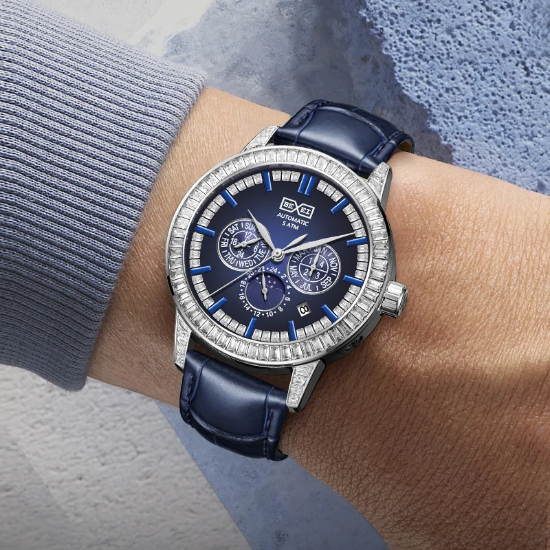 BEXEI 2025 Crystal Bezel  Dial movement mechanical watch Luxury sapphire 5ATM