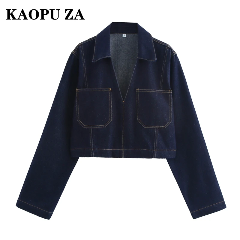 KAOPU ZA 2024 New Autumn Women's Fashion Denim Shirt Long Sleeve V-Neck Versatile Pocket Decoration Casual Jacket