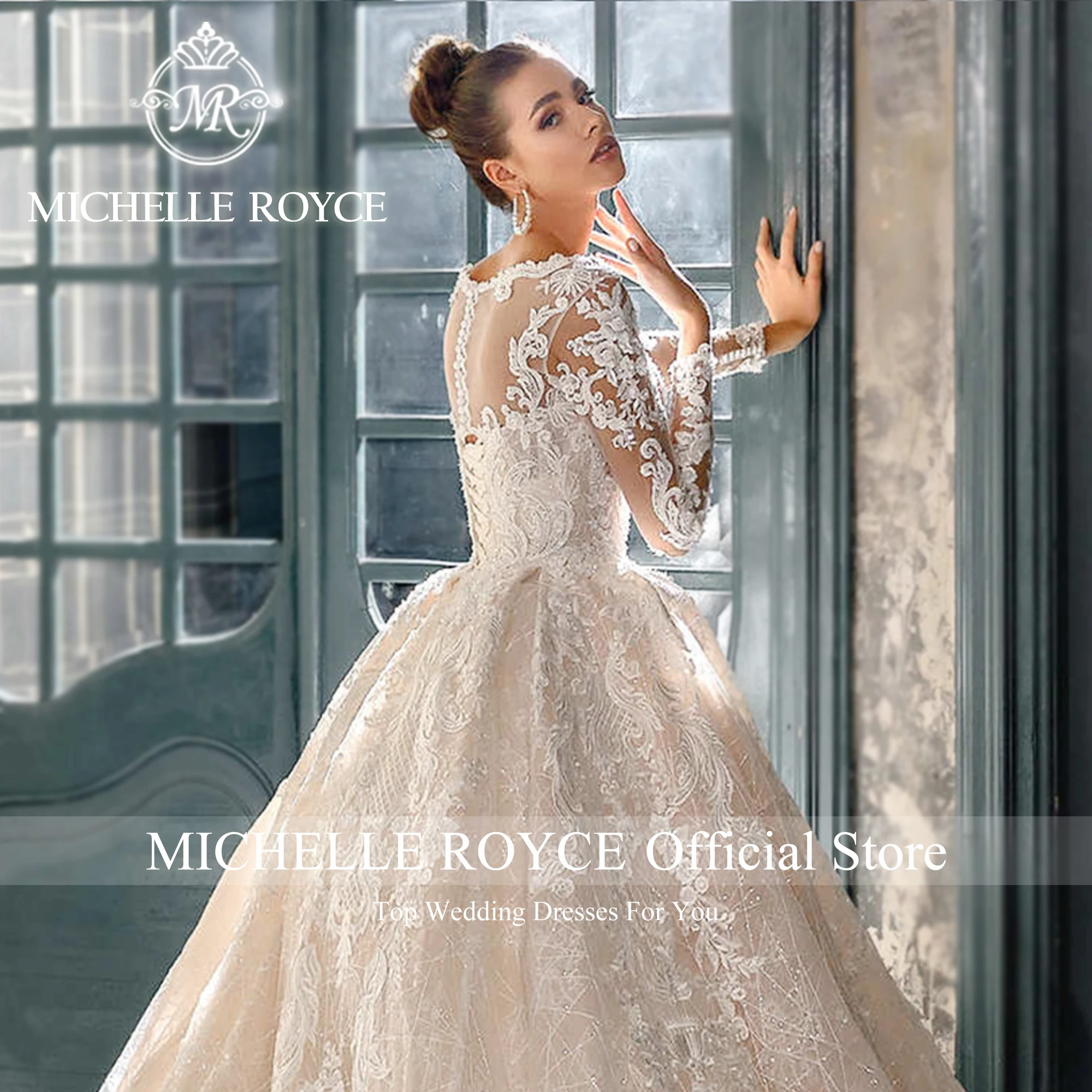 Michelle Royce หรูหราชุดแต่งงานสําหรับผู้หญิง Sweetheart Appliques Beaded เซ็กซี่แขนยาวชุดแต่งงาน Vestidos De Novia