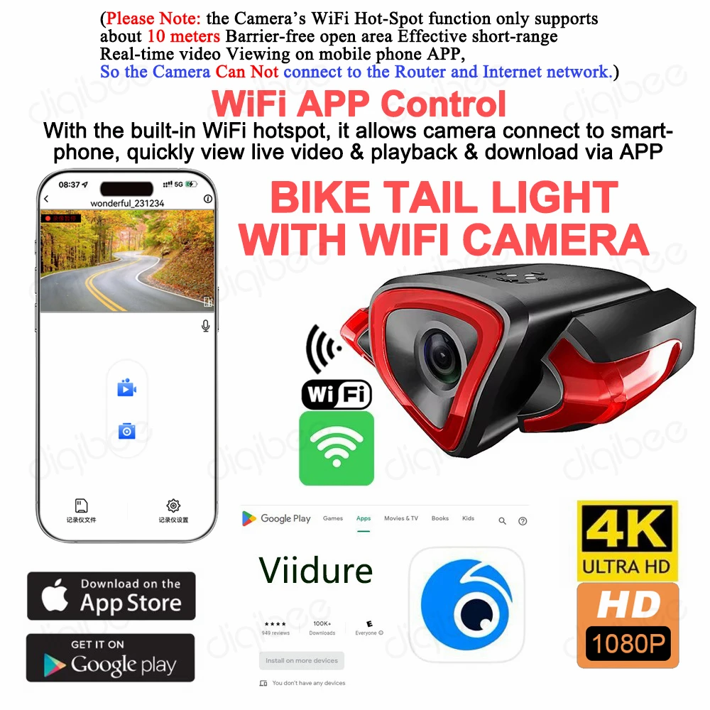 4K / FHD1080P Outdoor Sports Action Camera Bike Tail Light with WiFi Camera Mini Camcorder Remote Control Bicycle Video Recorder