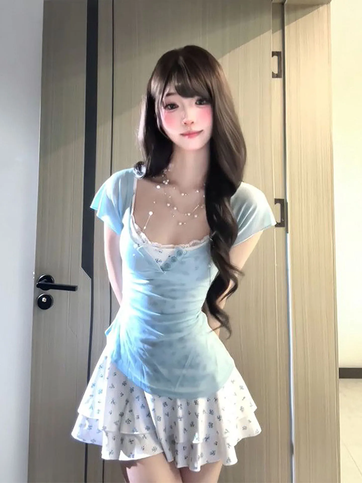 

Summer Blue Thin Cover up Floral Strap Cake Dress Two Piece Set Sweet Girl Sensation Matching Floral Halter Dress Set