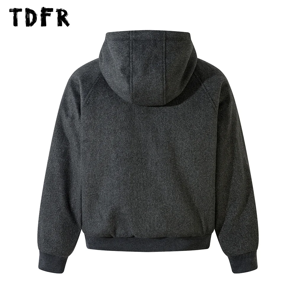 Woolen Hooded Quilted Jacket Mens Drawstring Streetwear Autumn Winter Thick Raglan Long Sleeve Padded Jacket Men