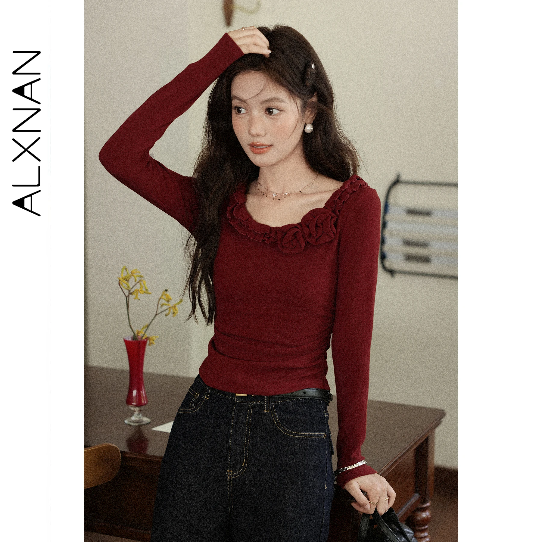 

ALXNAN Vintage Red T-shirt Women's Autumn Long Sleeve 3d Flower Design T-shirts 2025 Autumn Casual Slim-fit Cotton Tops L56958