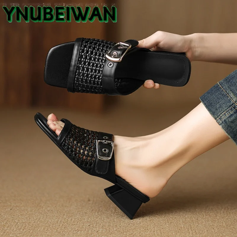 

Weave High Heels Slippers Woman Sandals Slingback Shoes 2025 New Square Toe Designer Trend Women Shoes Chunky Sandalias Pumps