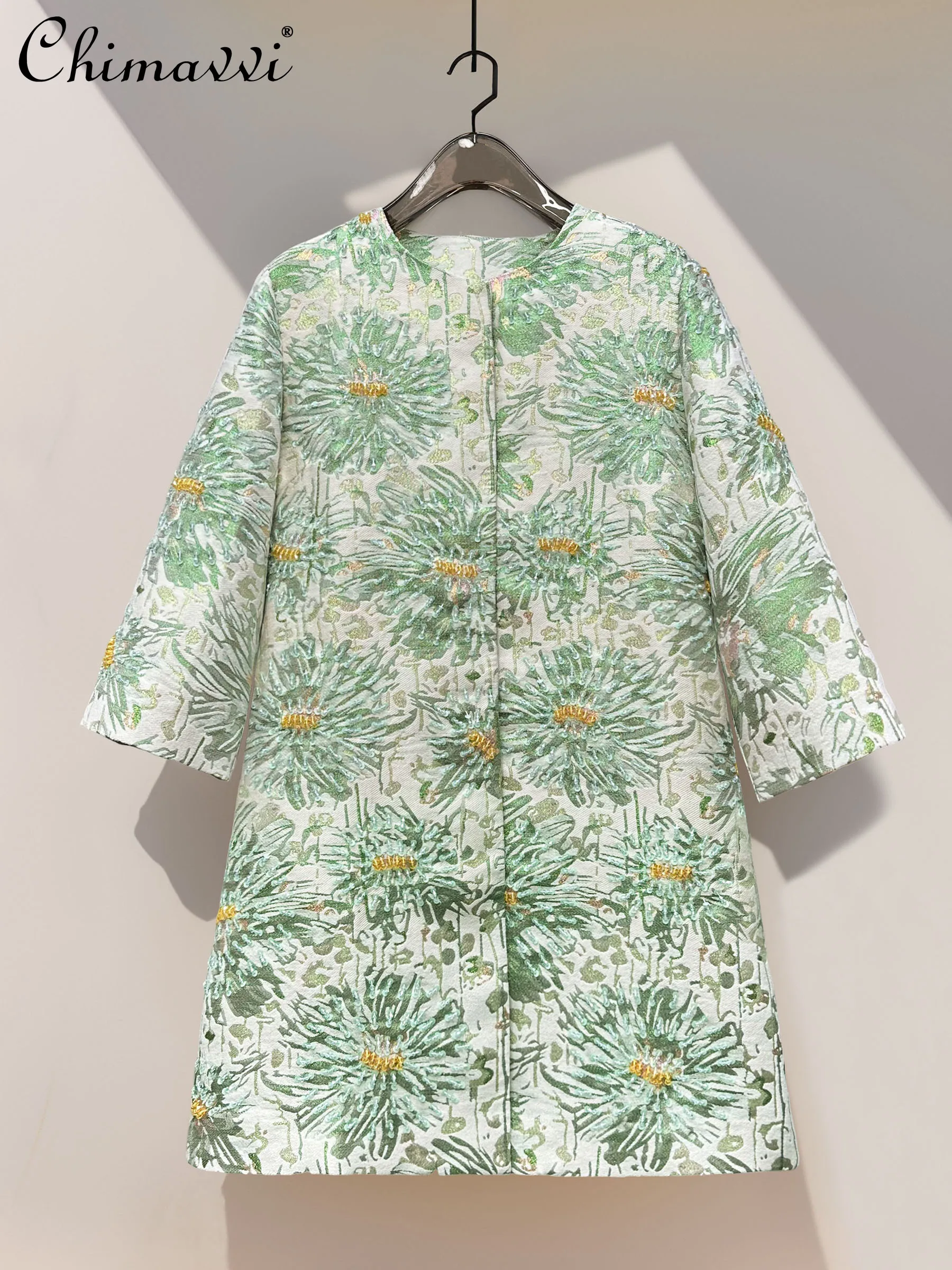 

French Fashion Socialite Embroidered Beaded Sequin Round Neck Long Sleeve Single-Breasted Loose Long Trench Coats Jackets Women