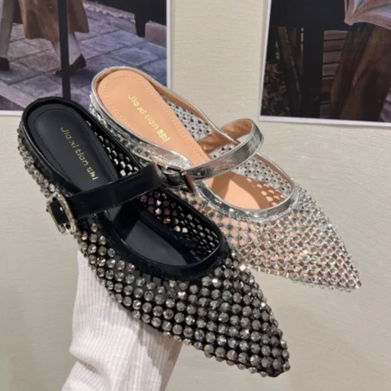 

Luxury Crystal Women Slippers Flats Pointed Toe Elegant Mules Shoes Casual Women's Sandals 2025 Summer Party New Mujer Sandalias