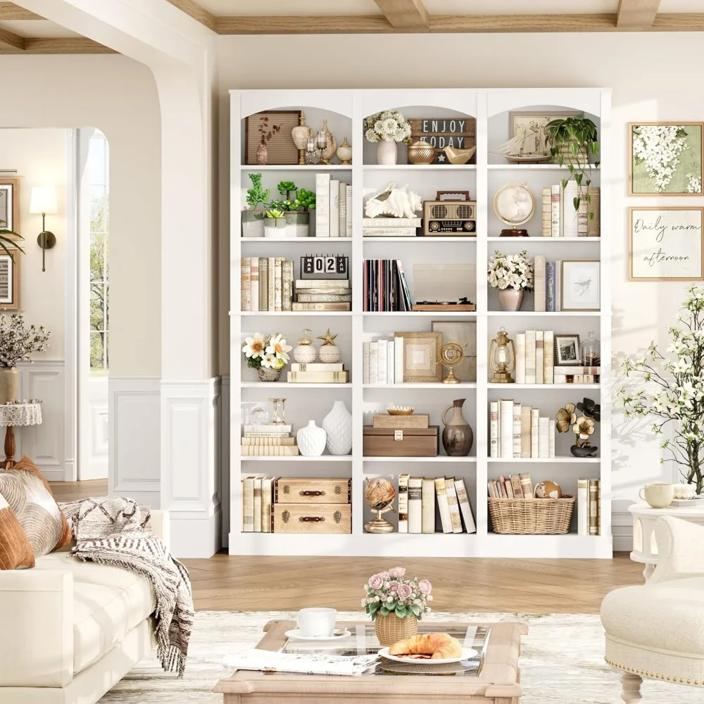 Rak Buku Putih Besar 6 Tingkat dengan Penyekat Melengkung, Lebar 63,4 inci, Kedalaman 18 inci, Solusi Penyimpanan Tinggi