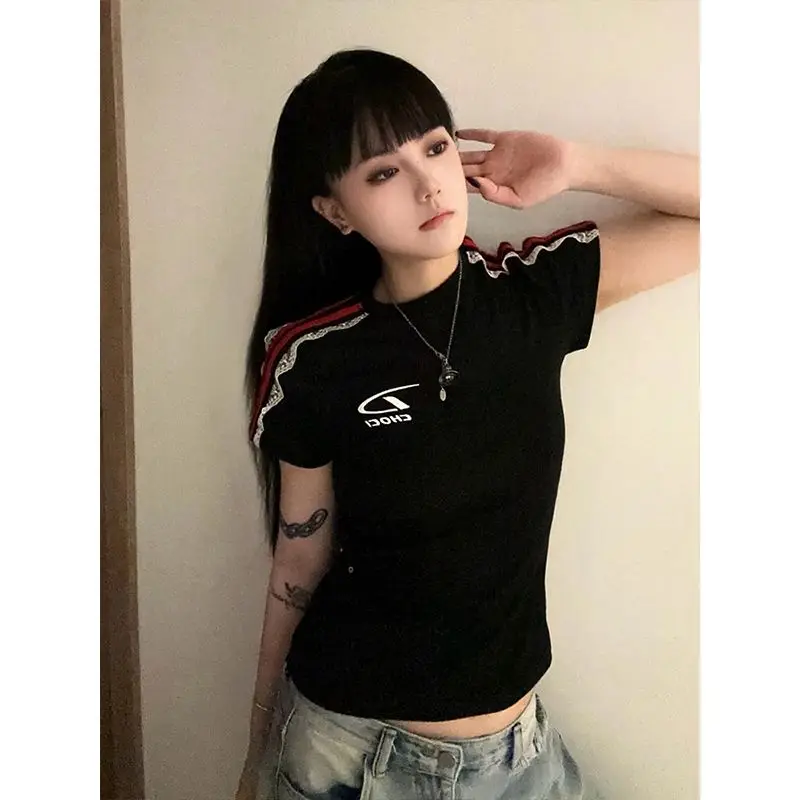 Lace Patchwork T Shirts Women Summer Hot Girl Slim Cropped Stripe Short Sleeve Tees American Retro Casual Round Neck Tops Female