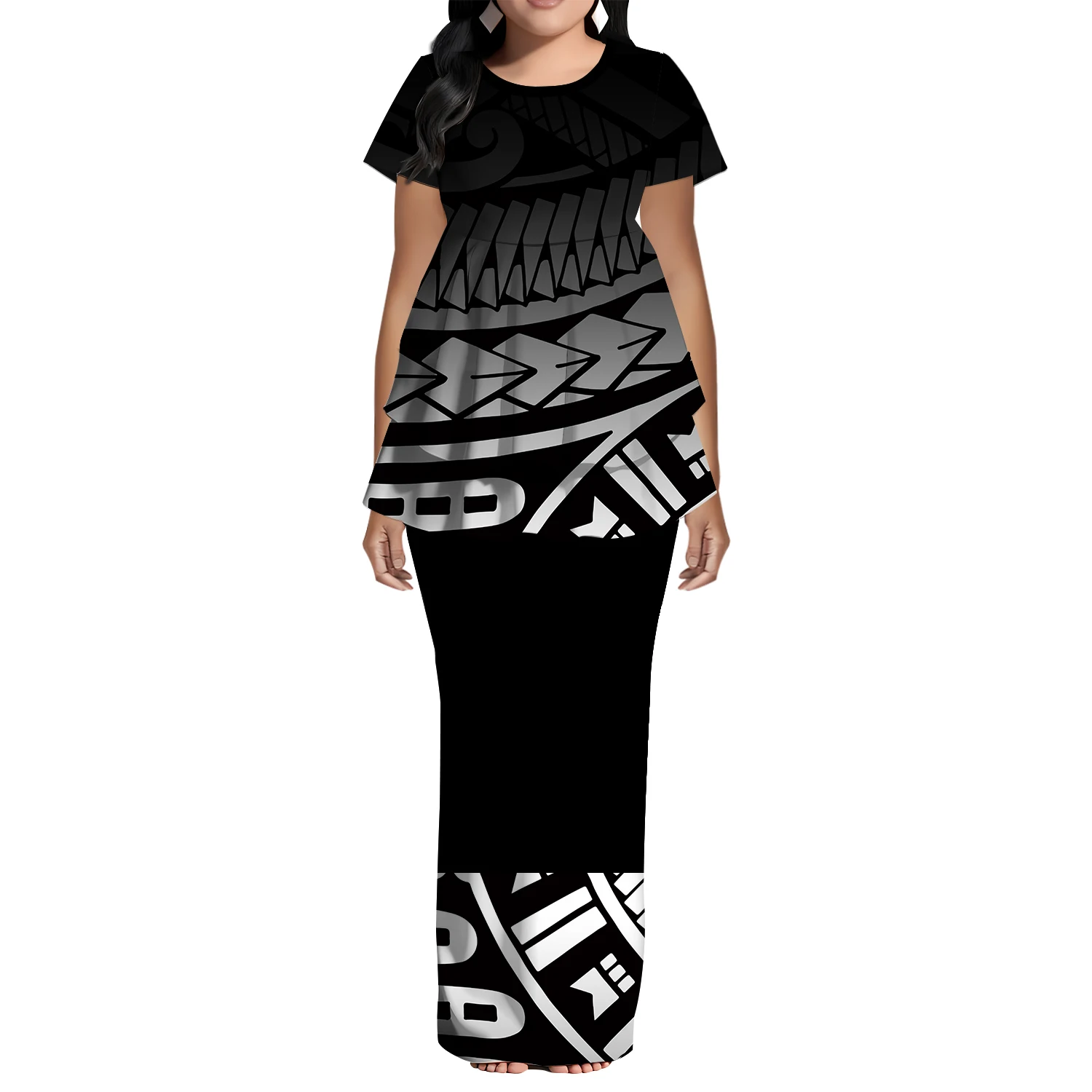 ポリネシアの伝統的な女性用プネタシ、サモア島の部族デザイン、高品質の半袖フィッシュテールトップスとスリムフィットスカート