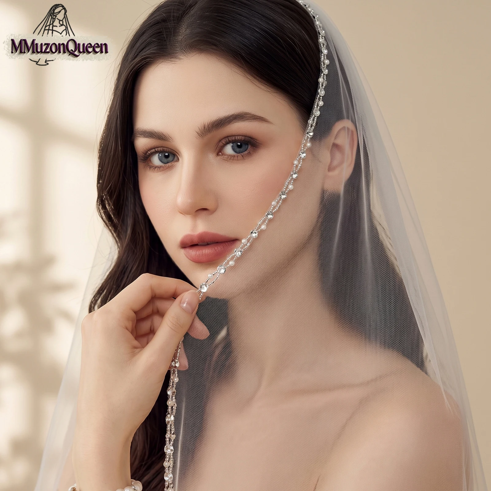 TOPQUEEN Crystal Bead Edge Velo De Novias Catedral With Sequin Velo De Novia Largos Wedding Accessories Women'S V136