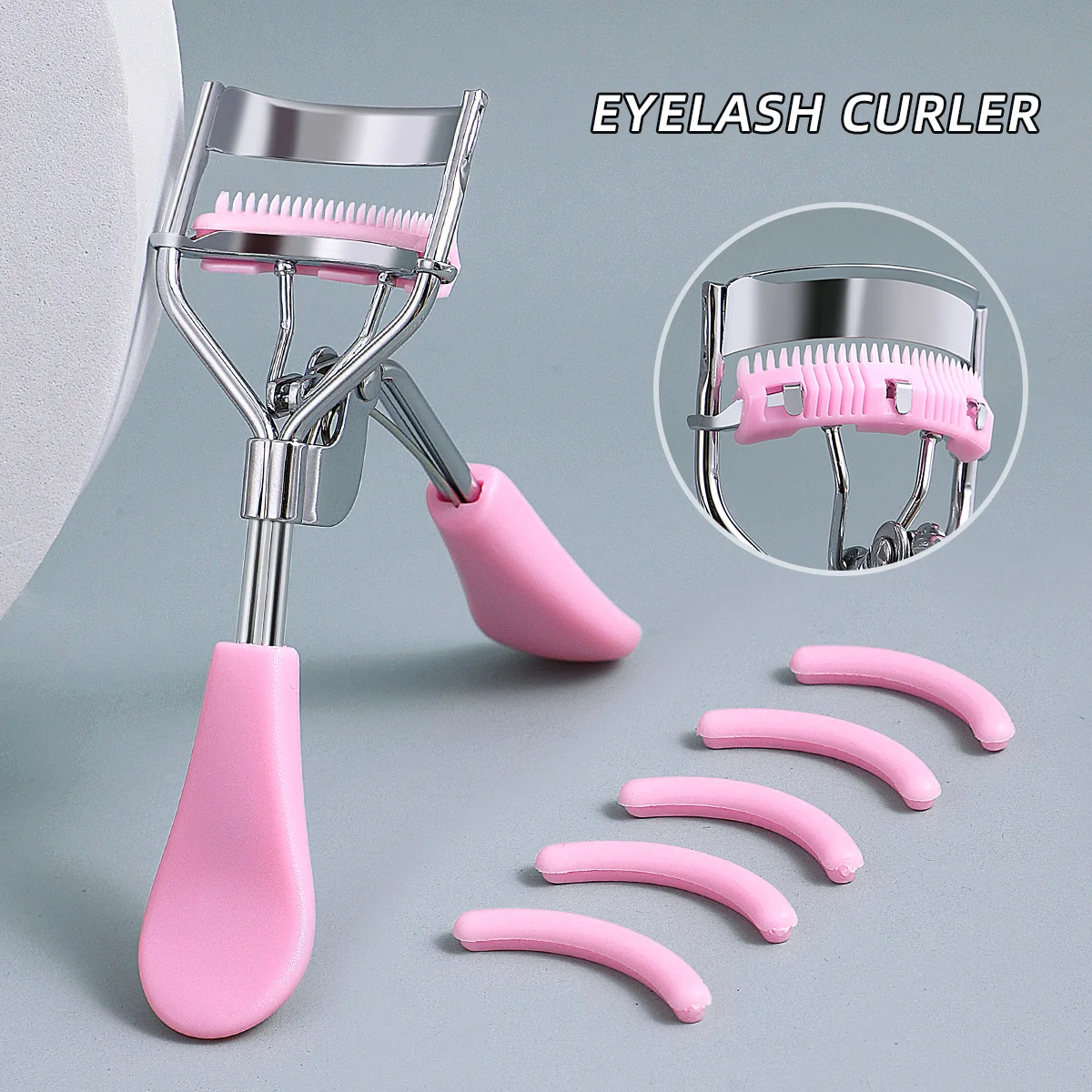 Rizador de pestañas portátil con 5 almohadillas de silicona, acero inoxidable rosa con herramienta de rizador de peine para extensión de pestañas, rizador de pestañas