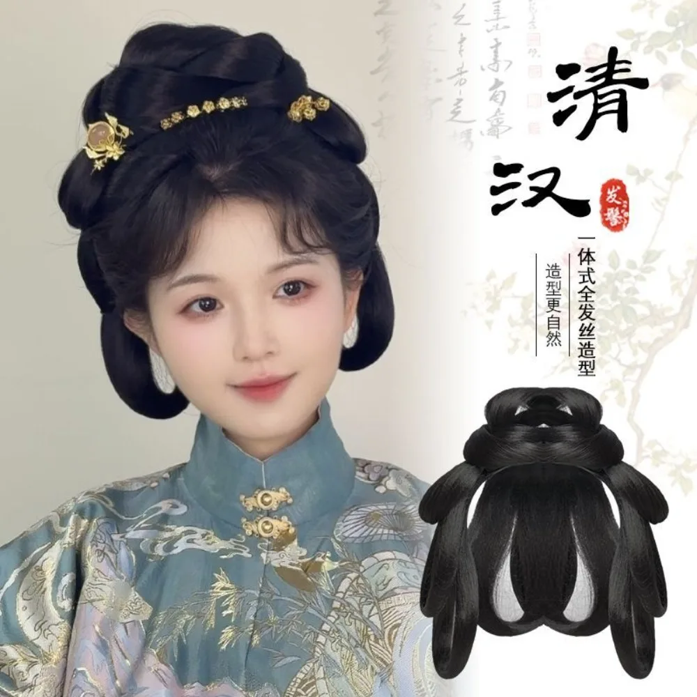 Complete Hanfu Wig System - All-in-One Ming/Tang Dynasty Hairpiece with Styling Pads & Decorations Traditional Chinese Hair Set
