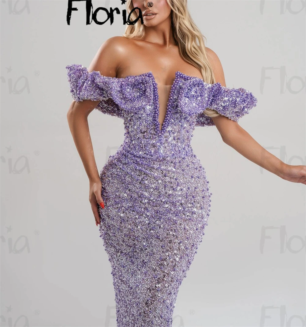 

Shinny Sequins Purple Long Prom Dresses Off Shoulder Wedding After Party Dress Customized Dubai Engagement Gowns Cocktail Dress