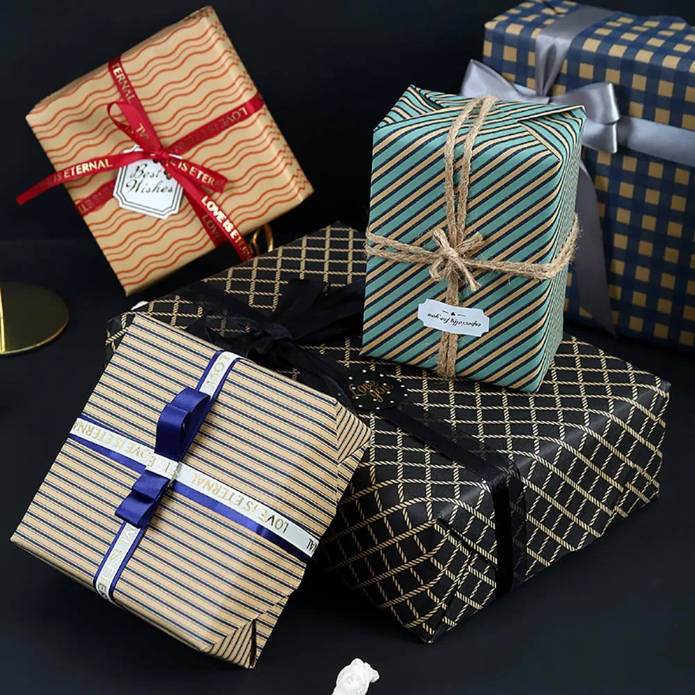 Retro Gift Paper Sea Star Decorative Packaging Paper Blue Grid Wrapping Blue Sea Star Pattern Paper For Bouquet Packaging Gift