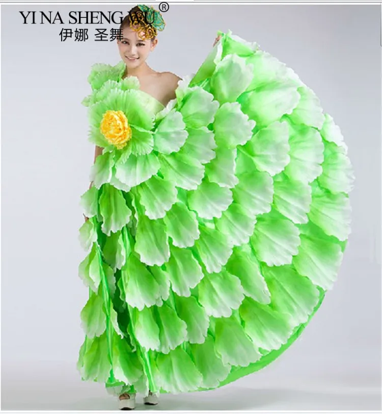 360 grande abertura vestido de dança florescendo flores trajes de desempenho de dança feminino saia grande pétala saia canção dança acompanhamento