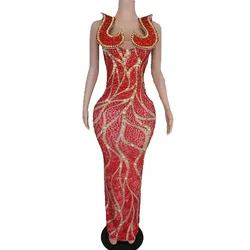 Women Luxury Crystals Sexy Stage Diamonds Slit Elegant Sheath Black Red Dress Evening Party Performance Photoshoot Singer Dress