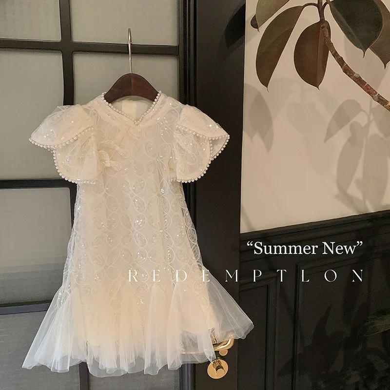 Girls Dress 2024 Summer New Fashion Little Girl White Fashionable sweat and gentle Princess Dress