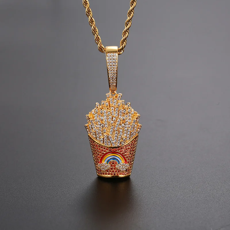 Hot Selling Iced Out French Fries Necklace Hip-hop Rapper Style Full Micro Pave Zircon Food Pendant Streetwear Nightclub