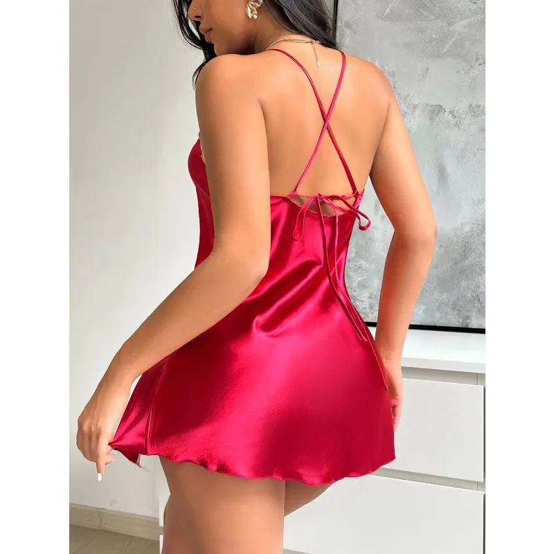 New Women's Red Lace Nightdress Sleeveless Breathable Pajamas V Neck Slip Dress with Side Slit Sexy Sleepwear For Home