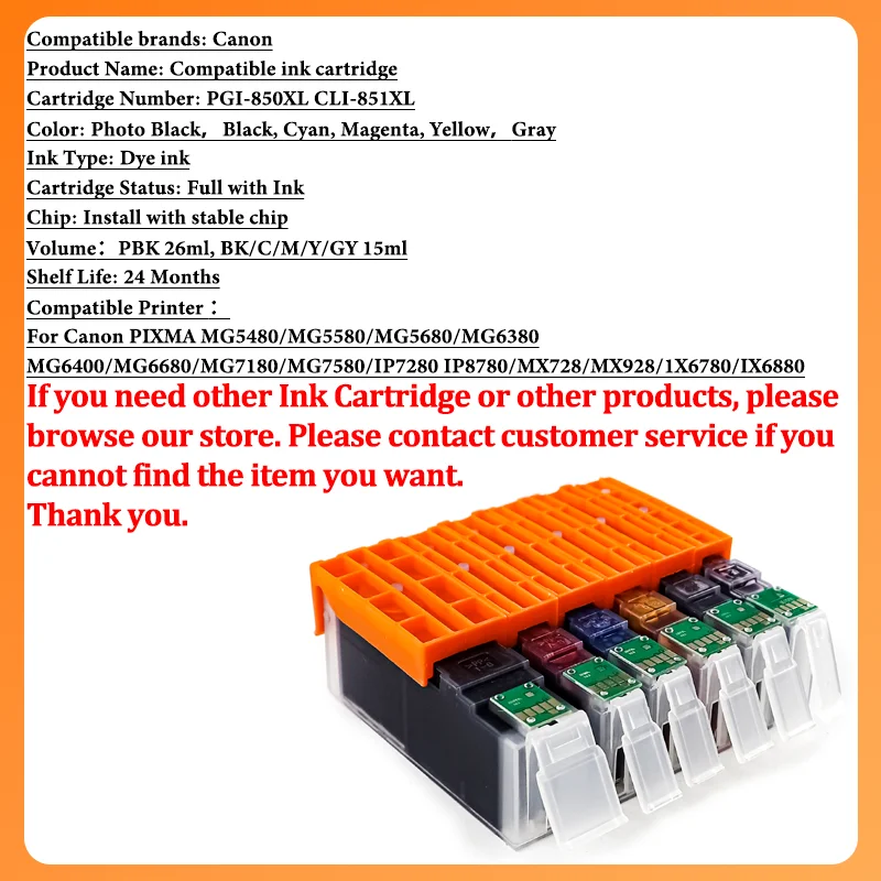 SET PGI850 CLI851 Ink Cartridge Compatible For Canon PIXMA MG7580 5480 MG6380  6400 7180 IP7280 IP8780 MX728 MX928 IX6780 IX6880
