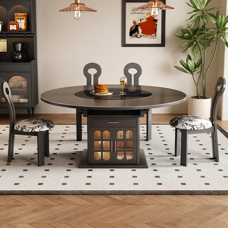 Solid wood antique round table induction cooker electric vegetable warming turntable small apartment retractable black rock slab