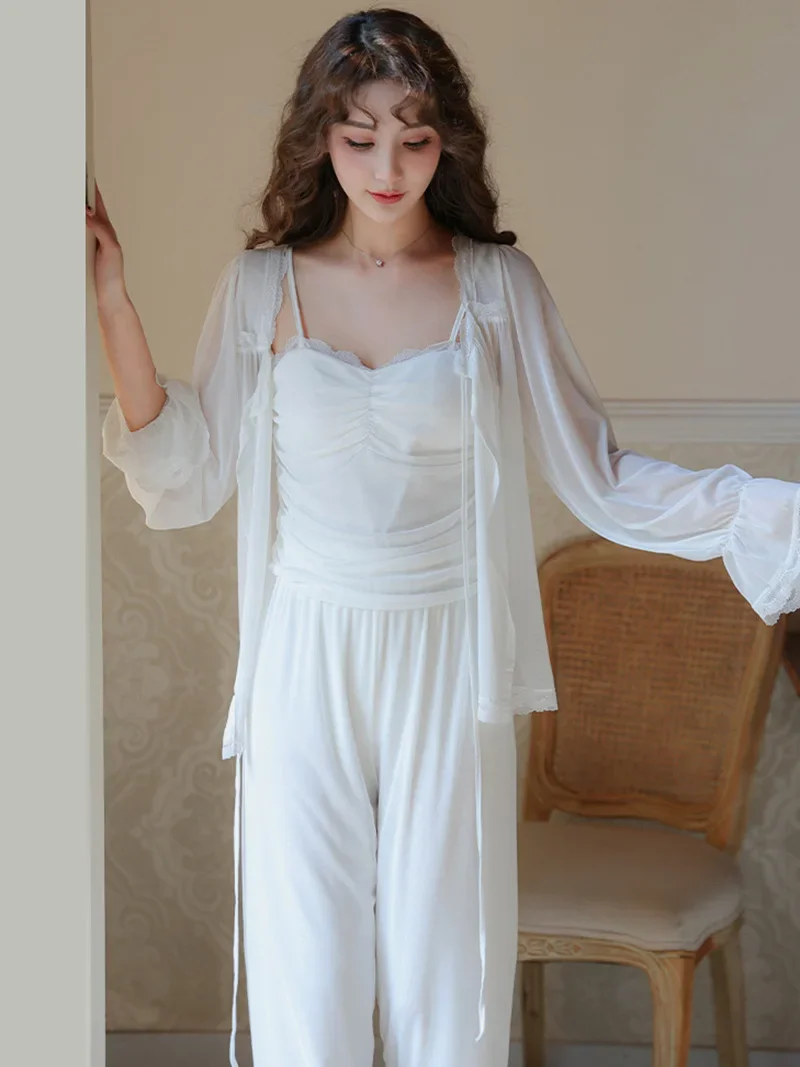 French Women Pajamas with Chest Pads Summer Sexy Ladies Three Piece Set Mesh Modal Fairy Vintage Princess Homewear Sleepwear