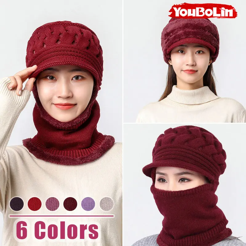 

Women Winter Woolen Hat Plus Velvet Thickening Warm Windproof Hats knitting Fur Warm Hat & Scarf Set Knitted Scarf Wool Cap