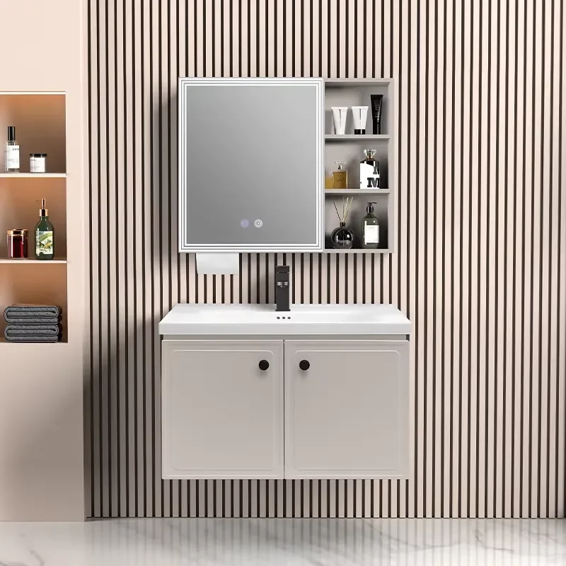 French Stainless Steel Door Panel Smart Antifog LED Mirror Cabinet Multi-layer Lockers Bathroom Vanity With Sink