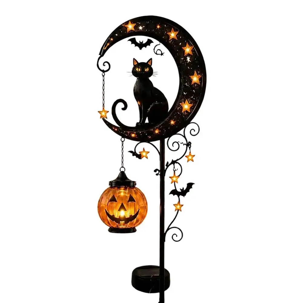 Halloween Schwarze Katze & Kürbis-Mond Gartenleuchte, Gartenlampe Dekoration, Outdoor Wasserdichte Metall-Kürbis-Pfahl-Deko – Detail 2