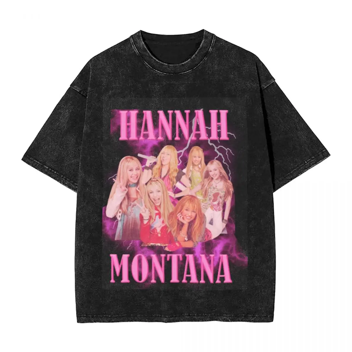 Washed T Shirt Hannah Montana Hip Hop T-Shirts High Street Miley Cyrus Streetwear 100% Cotton Summer Tops Tee Shirt Men Women