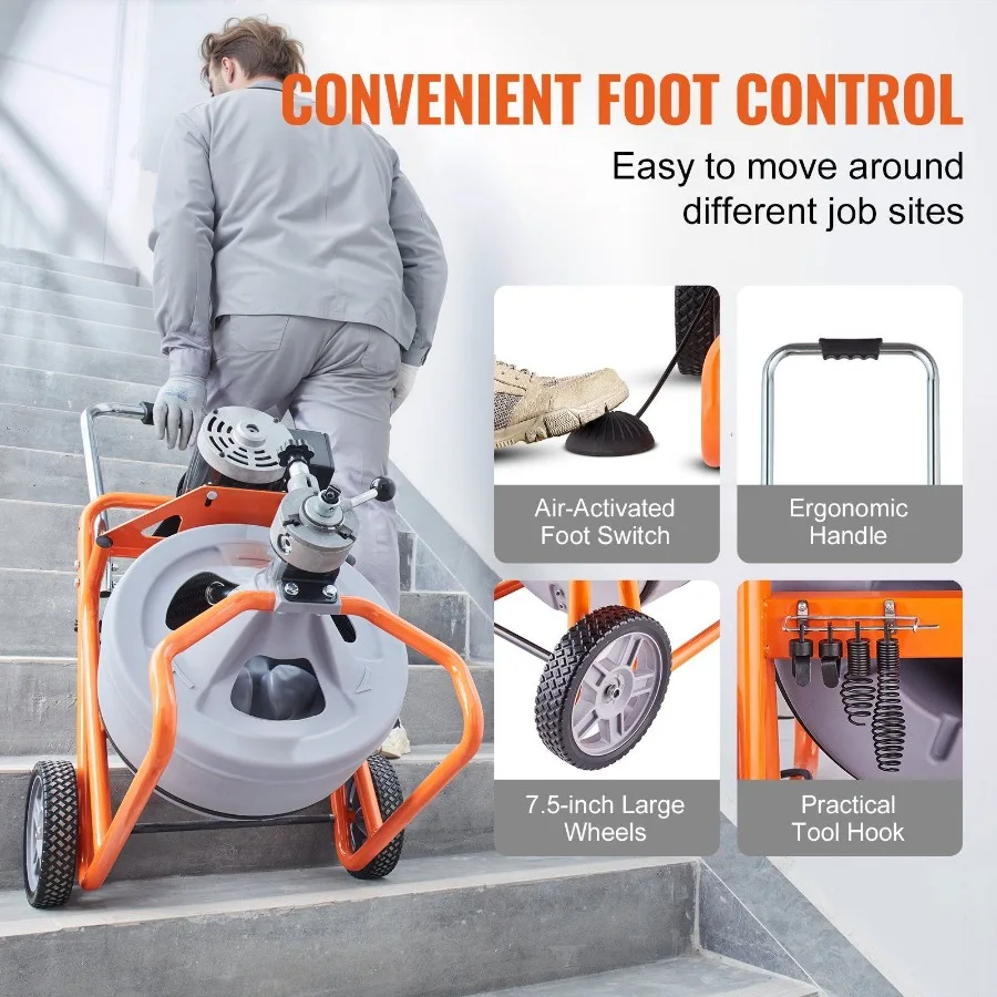 Macchina per la pulizia degli scarichi 75FT x 1 Alimentazione automatica da 2 pollici con ruote 8 frese