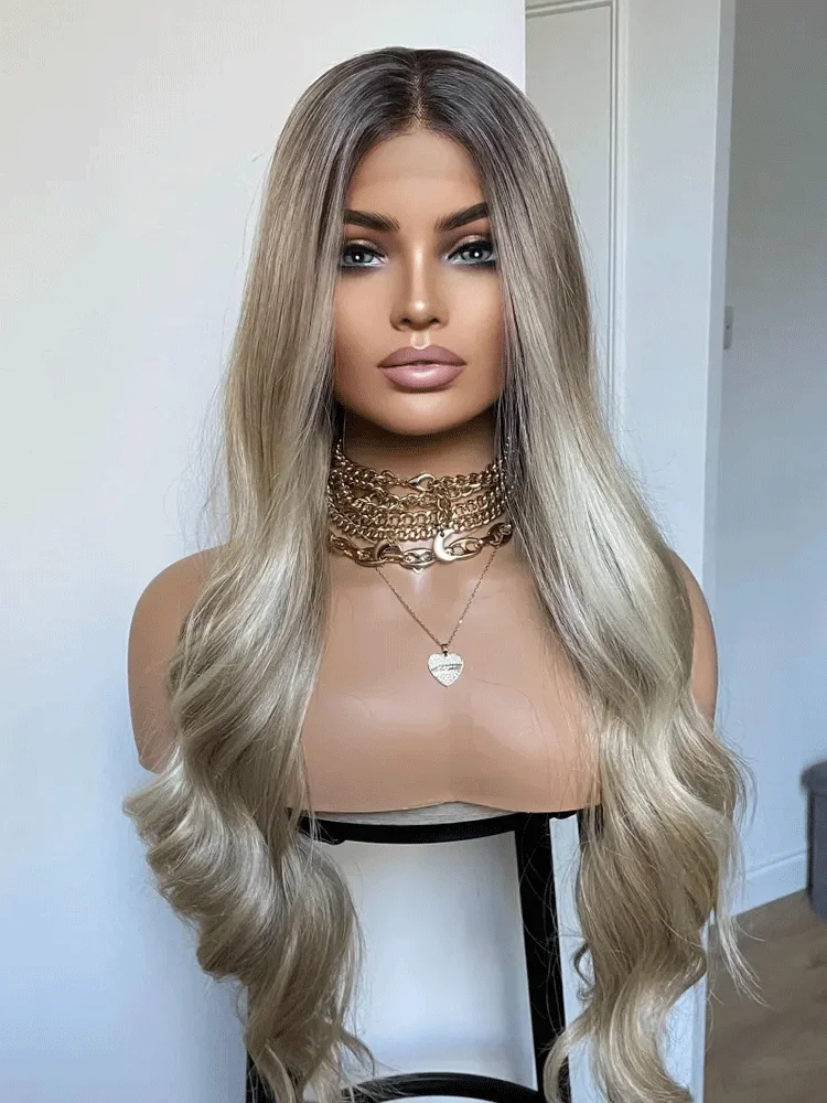 Rooted Ash Blonde Heat Friendly Synthetic Wig With Money Piece/Blonde Wigs For Beginners/ Ready to Ship Wigs For Women Daily Use