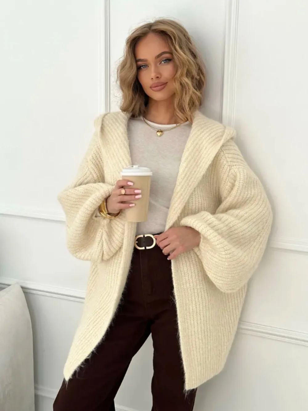 Hooded Sweater Solid Color Women Cardigan Single Breasted Knit Top New Minimalist Coat Casual Daily Loose Outwear For Ladies