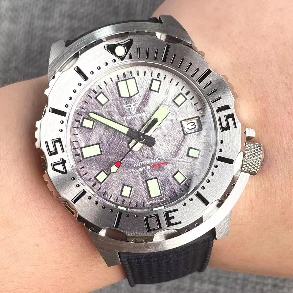 Tandorio 20ATM 42mm AR Sapphire Glass NH35A Monster Meteorite Patten Dial Mens Auto Watch 3.8 o'clock Date Luminous Rubber Strap