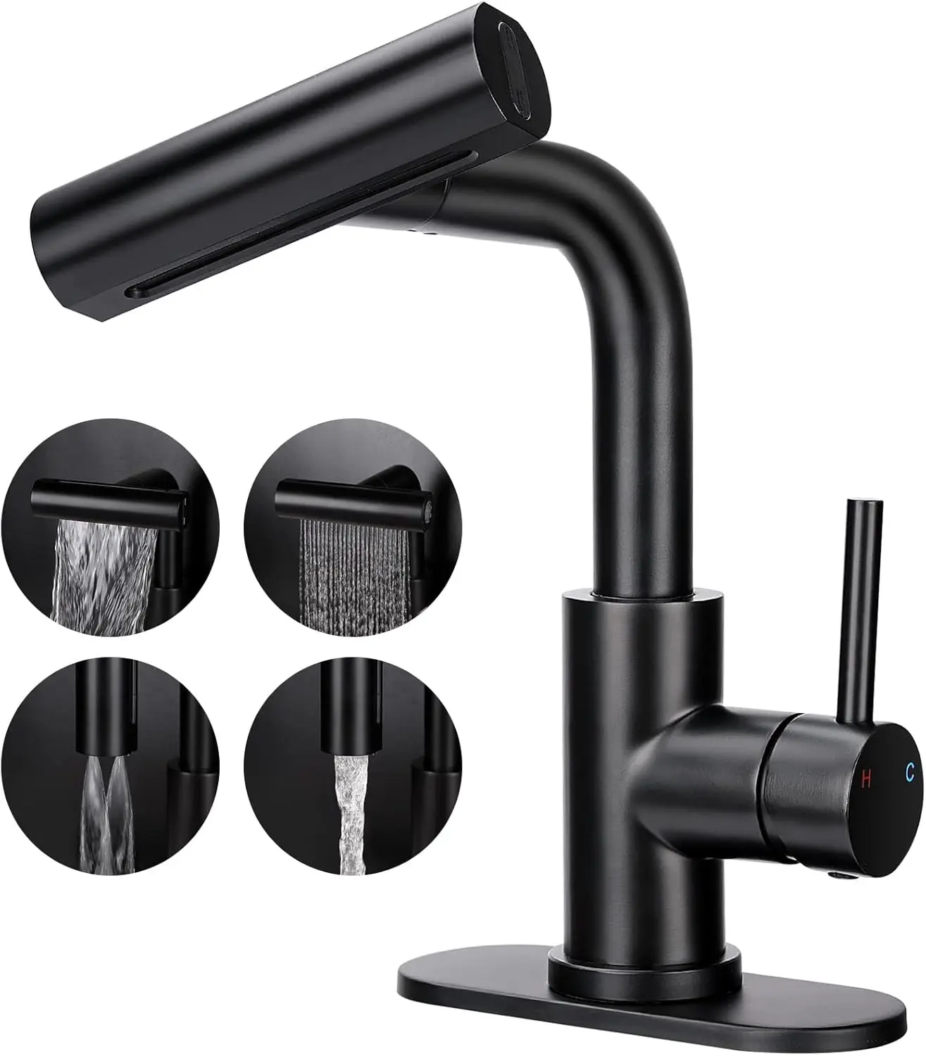 

Bathroom Sink Faucet with 4 Mode Pull Down Sprayer, Matte Black Single Handle Pull Out Faucet with Pop-Up Drain, 1 or 3 Hole Lau