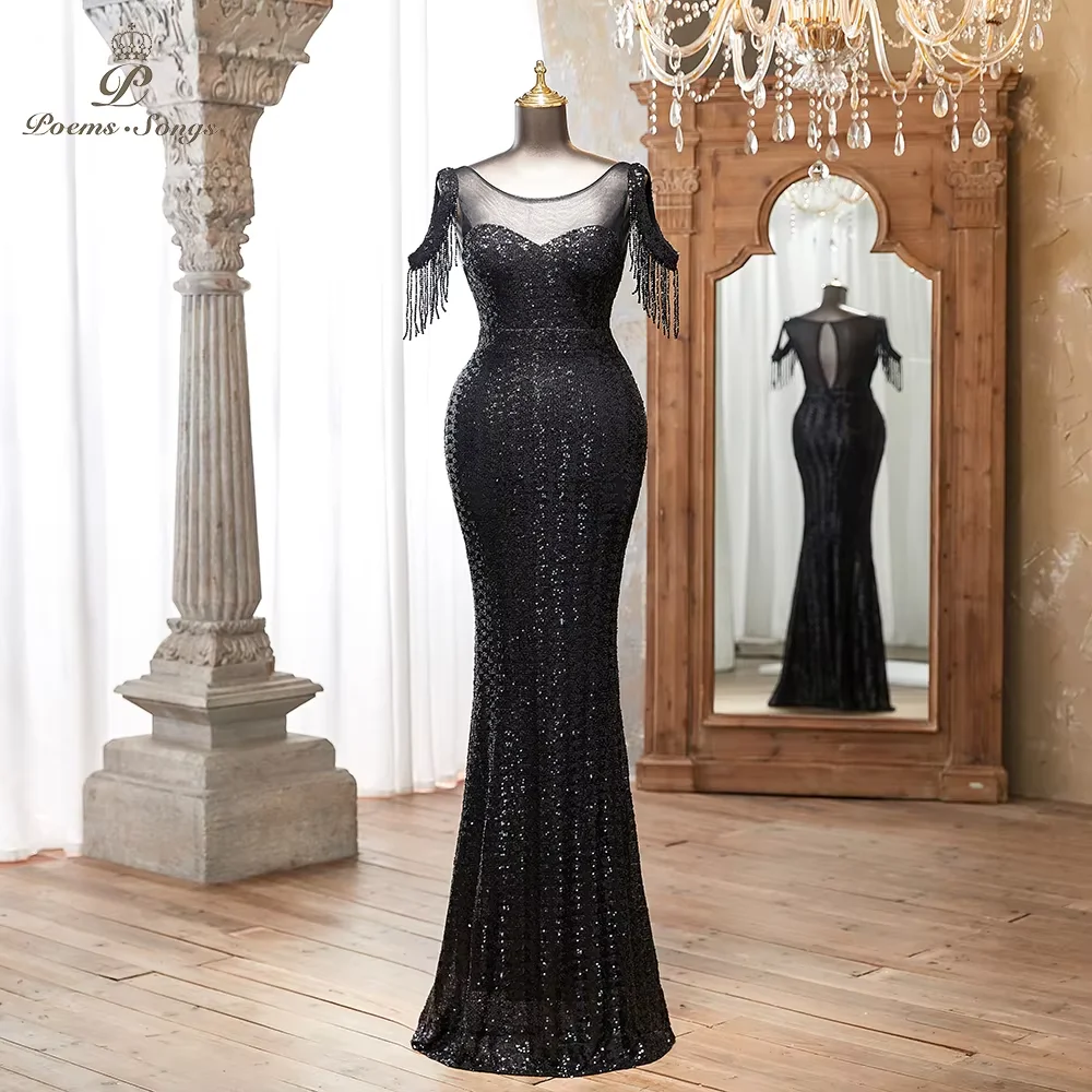 

Customized Black Sequin Evening dress Tassel Sleeves Sheer Mesh Floor-Length Formal Dress vestidos de fiestas elegantes muje