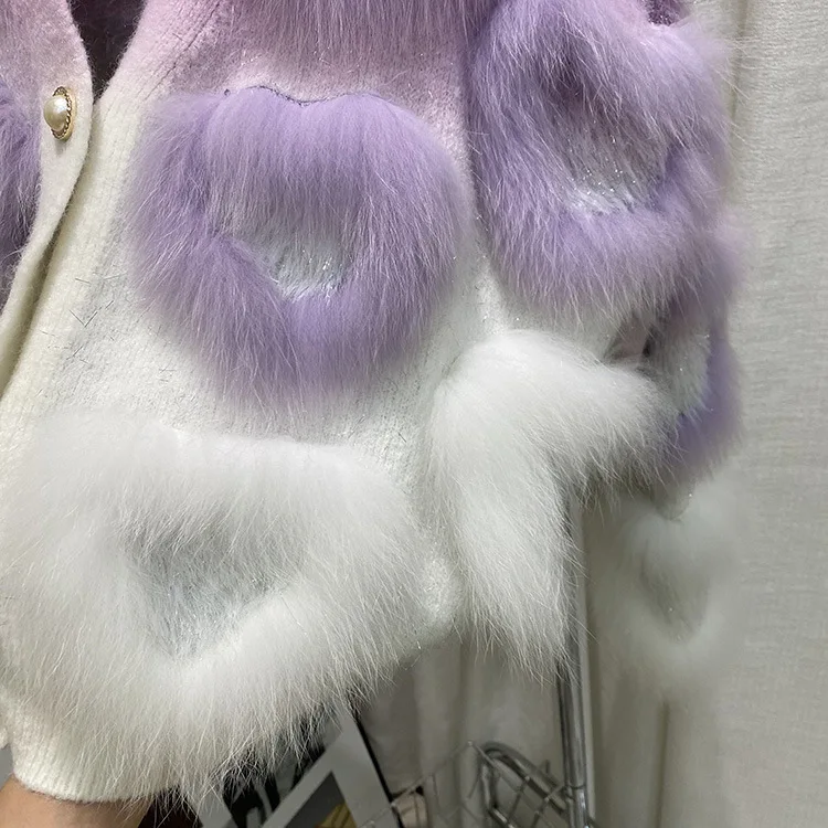Moda elegante socialite pelliccia impiombata cardigan lavorato a maglia scollo a V manica lunga monopetto vera pelliccia di volpe cappotti giacca invernale da donna