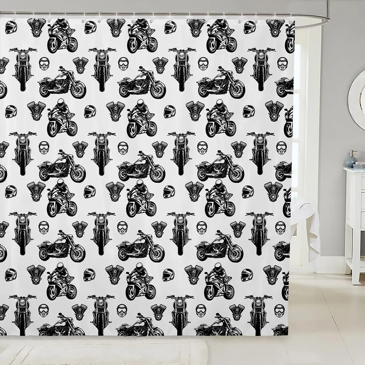

Мотоциклетная занавеска для душа, черно-белый велосипедный узор, шлем, дизайн двигателя, мужская пещера, декор для ванной комнаты, байкерская тема, банное белье