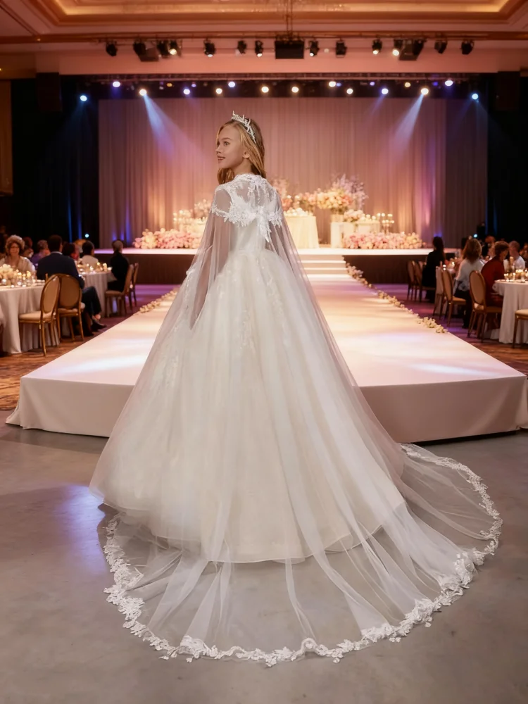 Fluffy Elegant Princess Dress Lace Tulle Flower Girl Dress Sleeveless with Shawl First Communion Birthday Wedding Dress