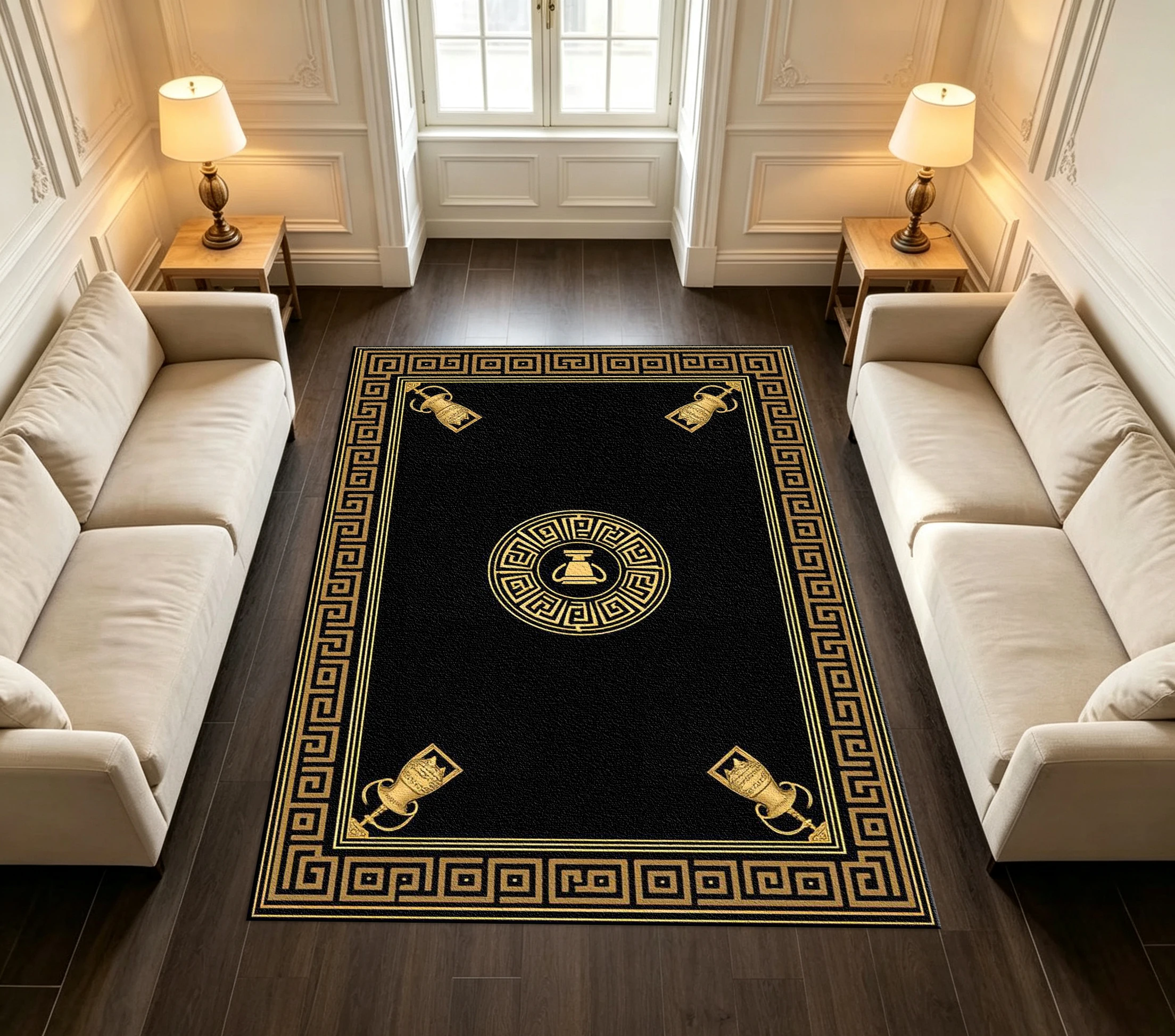 Classic Black and Gold Greek Vase Pattern Carpet, Luxurious Vintage Carpet, Interior Decoration Carpet
