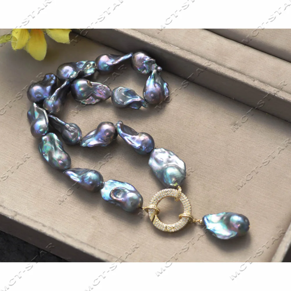 

MTC·STAR 18" 28mm Peacock Black Drop Baroque Keshi Reborn Pearl Necklace Pendant CZ (Z14269)