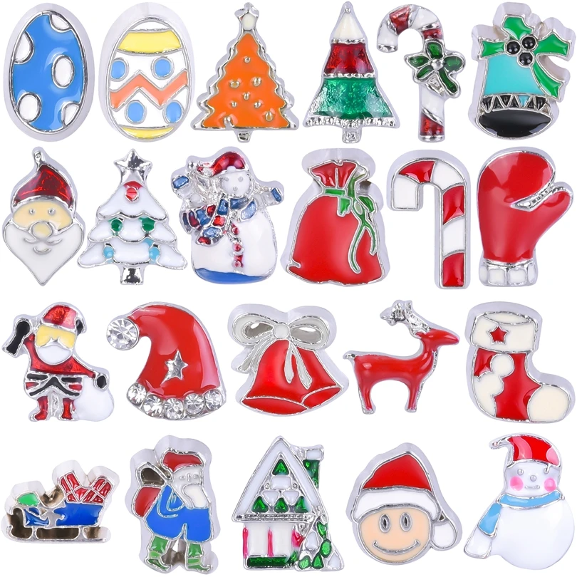 20Pcs Cute Christmas Deer Tree Santa Claus Floating Locket Charms Bell Sock Snowman кулон Fit Relicario Pendant  Jewelry