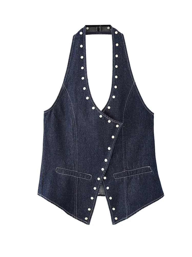 TFMLN Chic Women Rivet Decor Denim Tops Fashion Off Shoulder Backless Halter High Street Tank Top Summer 2025 Streetwear