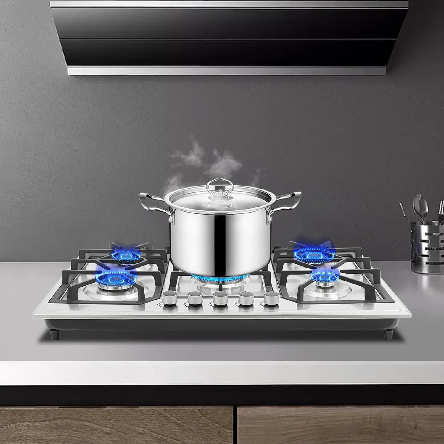 

NEW 5Burners Gas Cooktop,34Inch Built-in Gas Stove Top Stainless Steel LPG/NG Convertible Gas Hob w/Flameout Protection