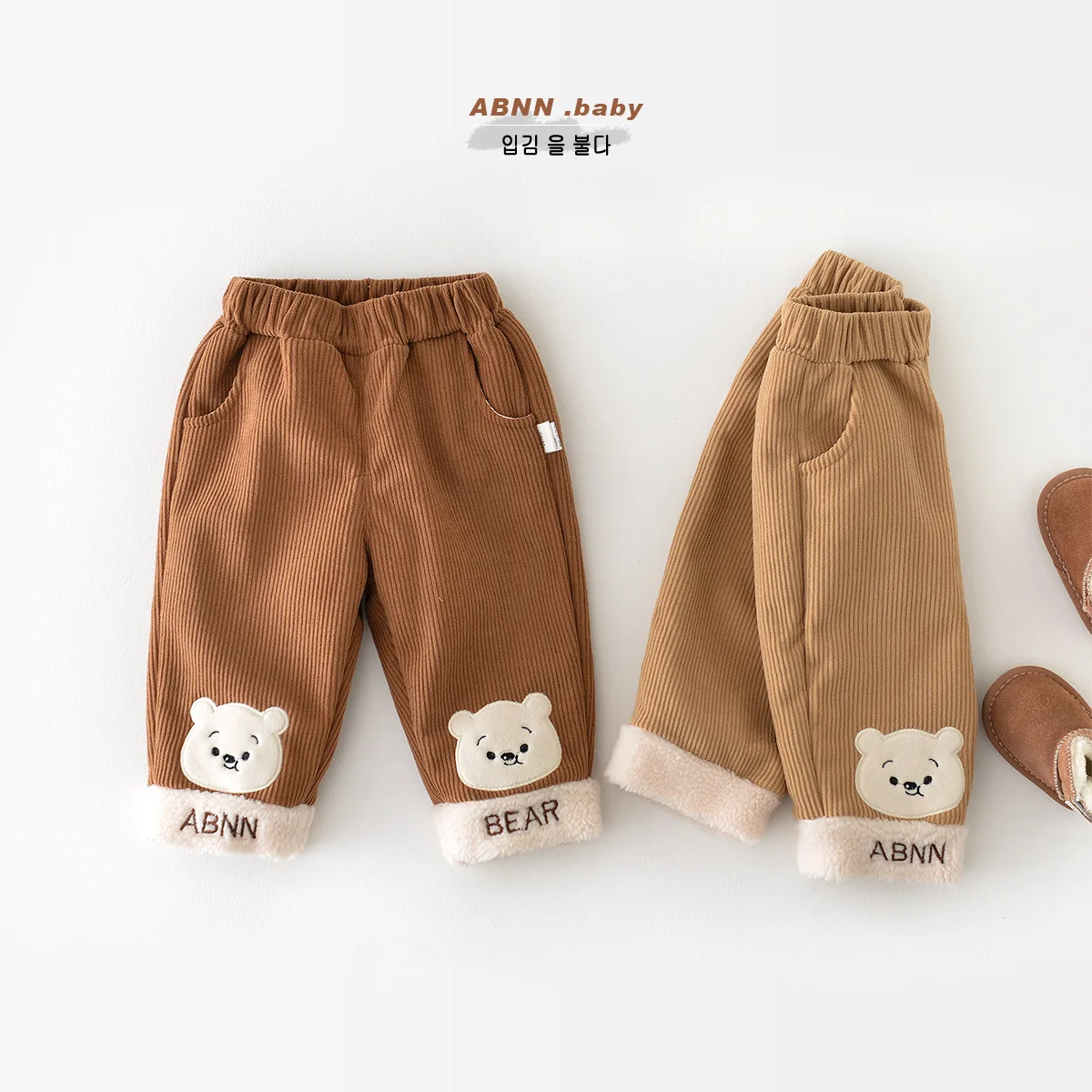 

Autumn Winter Baby Boys Pants Composite Plush Pocket Infant Boys Outerwear Pants Cute Little Bear Corduroy Todlder Boy Trousers